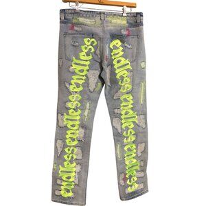 Jeans Mens 36x32 Distressed Destroyed Street Wear Embroidered Neon Green Acid Wa